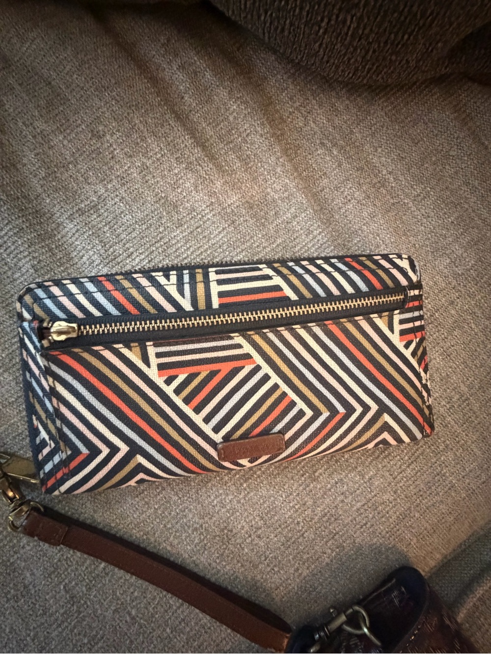 Fossil Geometric Stripe Wristlet Wallet in Navy, Orange, Cream, and Brown